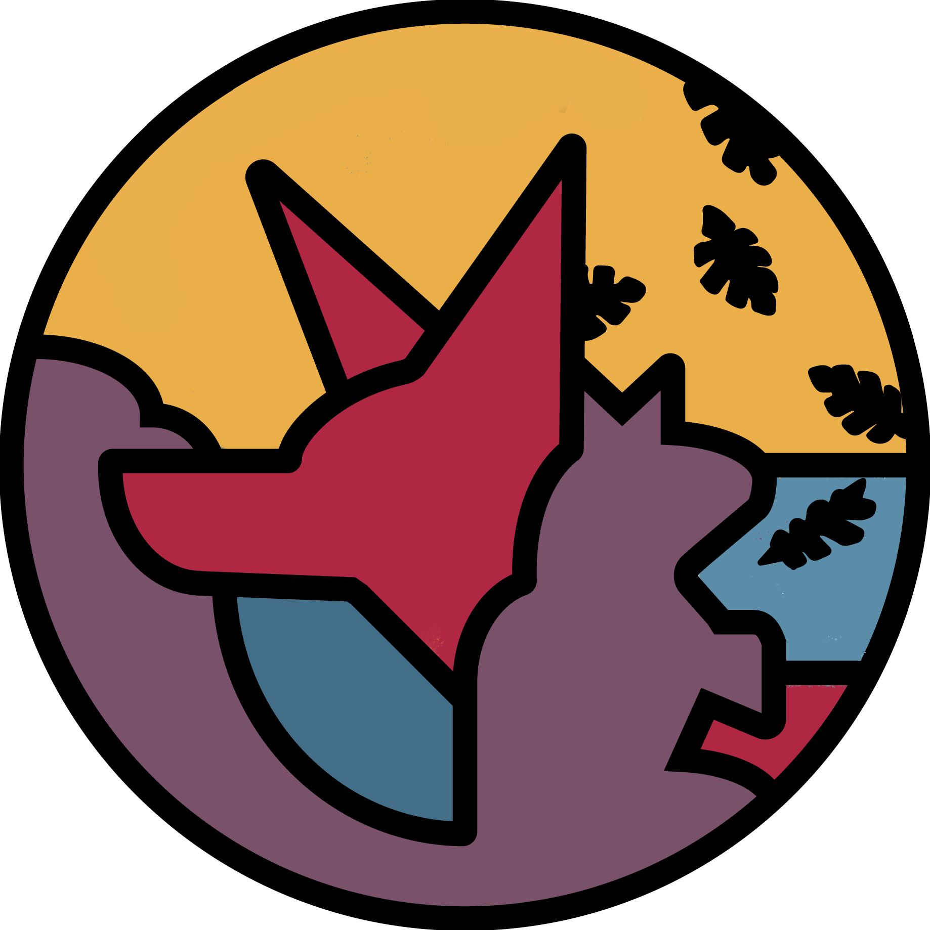 Anthro Midwest Logo. A silhouette of a rust-colored fox facing west and a cinnamon-colored squirrel facing east. They are set against a gold background with a backdrop of oak leaves, featuring a purple squirrel in dusty mauve color